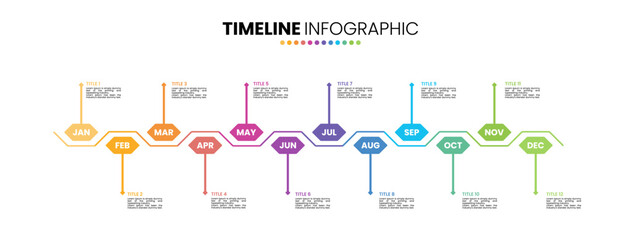 Hexagon timeline infographic presentation template 12 options. 12 month or 1 year calendar infographic template