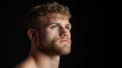 Fototapeta premium Young man, thoughtful gaze, dark background, studio portrait, profile view, for advertising