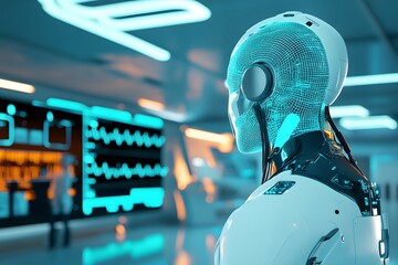 Futuristic humanoid robot in a high-tech lab observing digital displays and data analysis