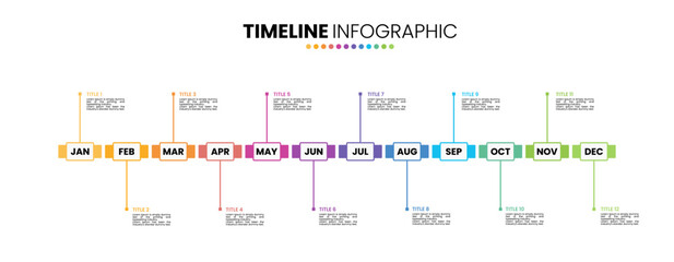 Rectangle timeline infographic presentation template 12 options. 12 month or 1 year calendar infographic template