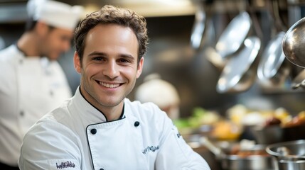 A proud young male chef smiles in a modern kitchen filled with fresh ingredients and culinary tools, showcasing the passion for his craft and the culinary arts.