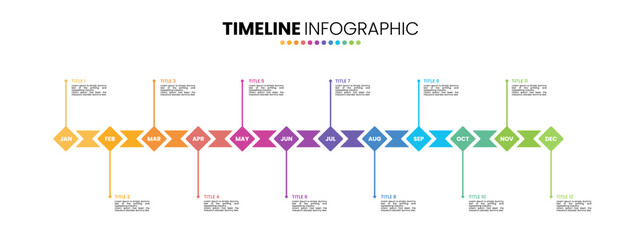 Rhombus timeline infographic presentation template 12 options. 12 month or 1 year calendar infographic template