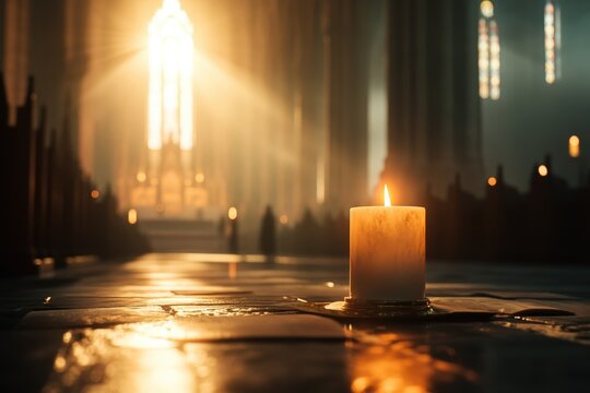 Tranquil paschal candle illumination in majestic cathedral setting for contemplative reflection