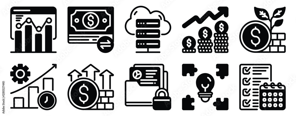 Poster business analytics icon set insightful solid style collection for data and strategy.