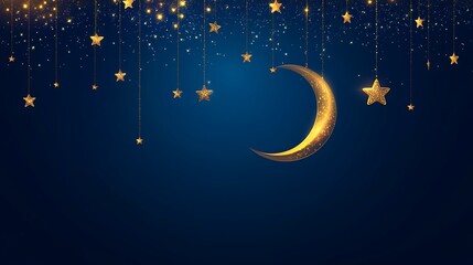 Naklejka premium Golden Crescent Moon and Stars Night Sky