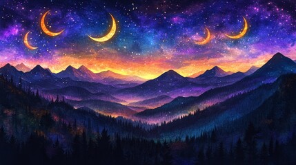 Fototapeta premium Celestial Crescents Above Mountain Ridges with Starry Twilight A Mesmerizing Dreamy Nightscape Landscape Scene for Fantasy Illustration