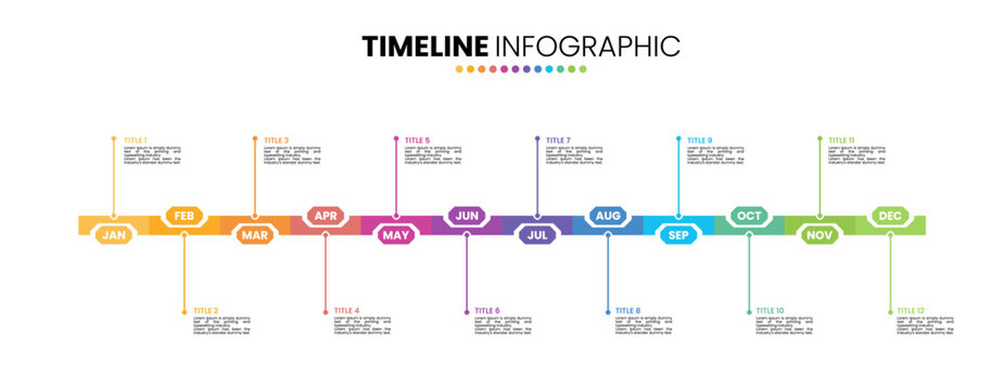 Octagon timeline infographic presentation template 12 options. 12 month or 1 year calendar infographic template