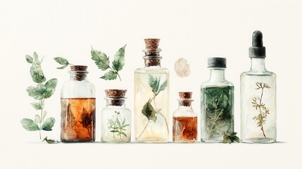 Floral Apothecary Illustrations, delicate watercolor images of herbal remedies and vintage tincture bottles, featuring intricate botanical elements on a white background.