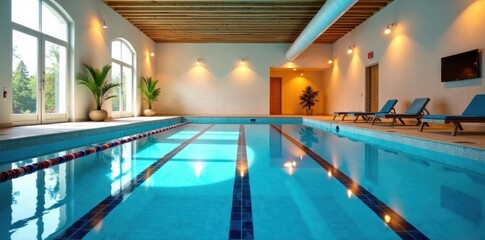 Indoor lap pool, bright lighting, defined lanes, swim practice, swim, swimming lanes