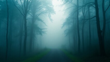 Obraz premium Cinematic Foggy Forest Path with Enchanted Atmosphere