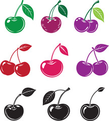 Cherry colorful vector silhouette illutration design set