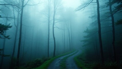 Naklejka premium Cinematic Foggy Forest Path with Enchanted Atmosphere