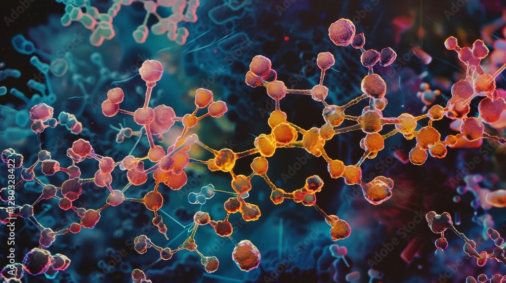Poster Intricate molecular structures display vibrant colors while showcasing complex biochemical interactions, typically observed in a laboratory environment during scientific exploration.