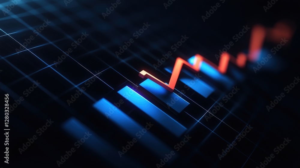 Poster abstract representation of financial market trends with glowing graph lines on a dark grid