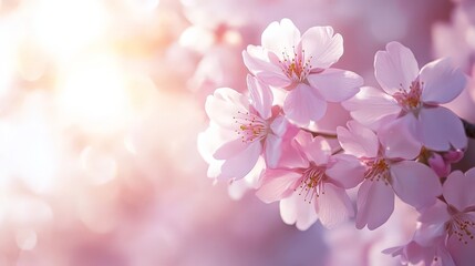 A close-up of delicate pink cherry blossoms illuminated by soft light.