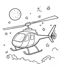 Coloring page for kids, a helicopter in the sky with stars and moon in a cartoon style