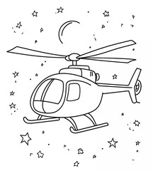 Coloring page for kids, a helicopter in the sky with stars and moon in a cartoon style. Simple line art, easy to draw for children under five years old