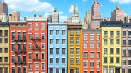 Fototapeta premium Vibrant urban architecture row of colorful historic buildings in residential neighborhood with city skyline and bright blue sky backdrop