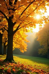 Sunlit yellow leaves shimmer on the tree's limbs in an autumn landscape, sunny, greenery