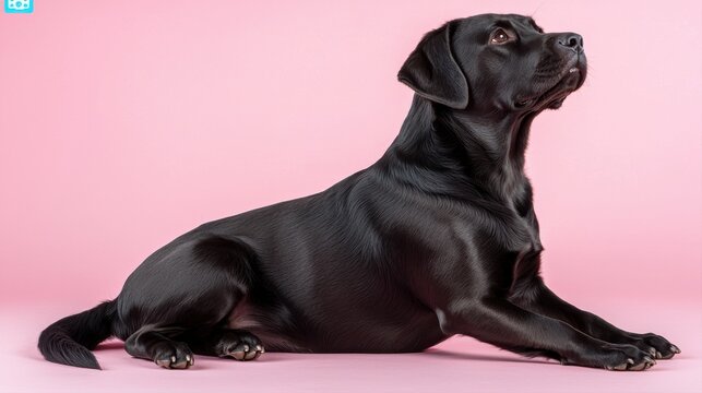 A sleek black Labrador retriever poses gracefully against a soft pink background, showcasing its elegant features and calm demeanor.