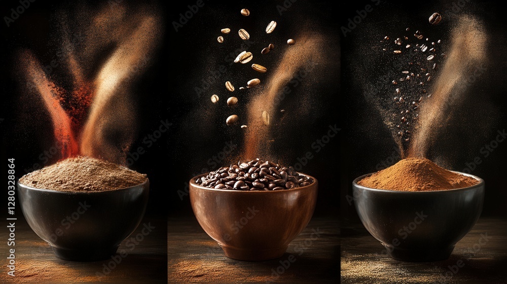 Poster dynamic display of spices and coffee beans in bowls, showcasing motion and texture in a rustic setti