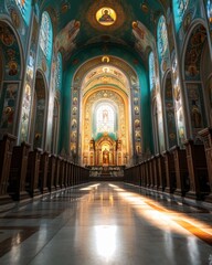 Fototapeta premium Majestic cathedral interior with ornate decor and sunlit aisle - architectural masterpiece