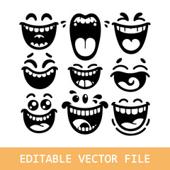 Cartoon mouth happy, smile, sad, angry expression doodle set.