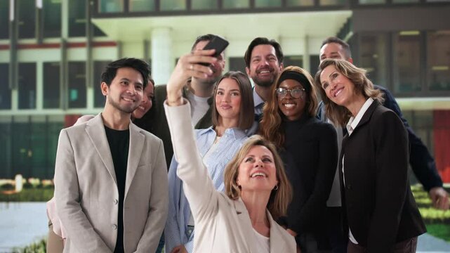 Diverse Group Of People Taking Selfie At Work Event