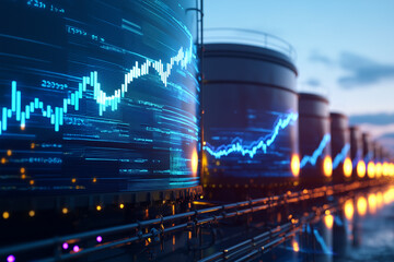 Industrial oil tanks with glowing economy graph projection at sunset