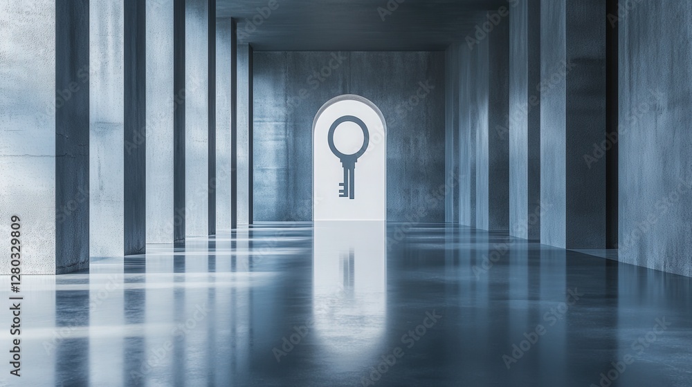 Poster surreal architectural space featuring a large keyhole in a minimalist corridor with reflective floor