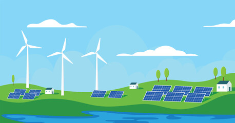 Wind electricity generators and solar panels, nature landscape, Renewable energy power concept