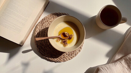 Cozy morning breakfast with porridge and tea in a rustic setting
