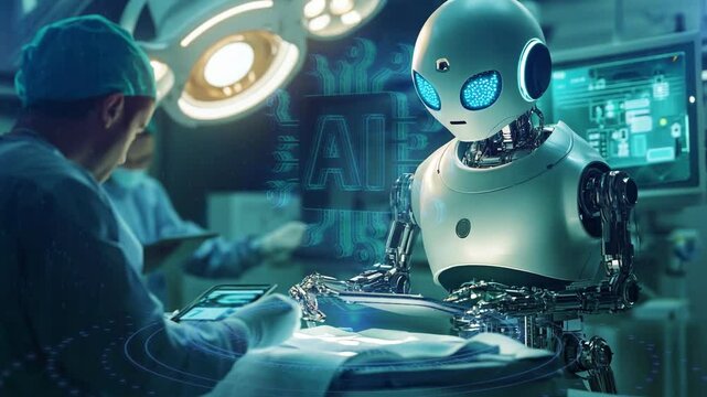 Robot holding digital tablet helps doctor to perform surgical operation in modern hospital. Teamwork of professional medical surgeons in operating room. Modern medicine. Artificial intelligence, AI