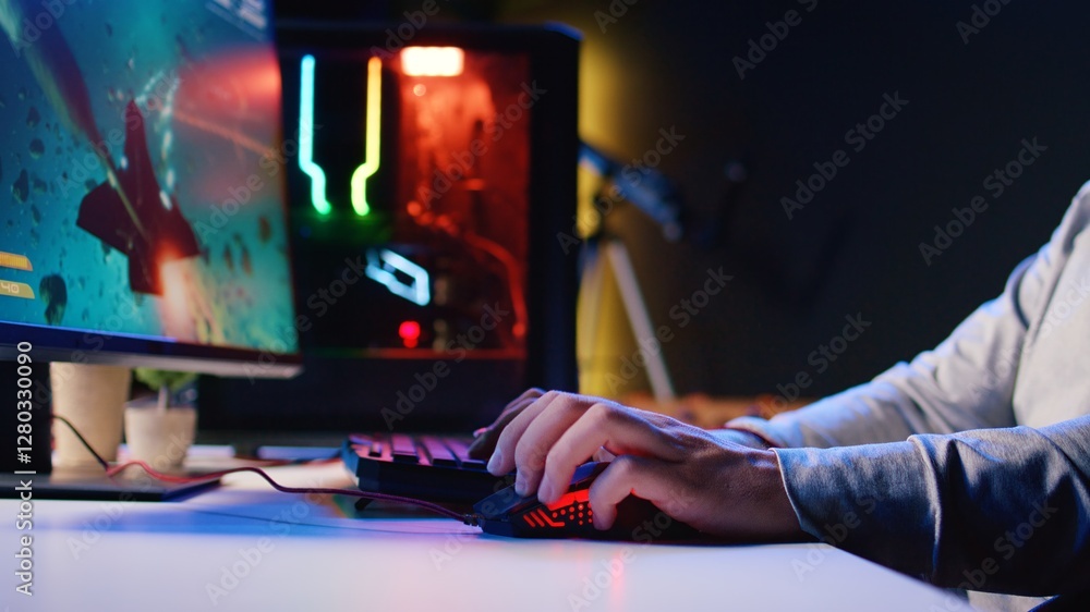 Poster man using gaming rgb lit mouse to shoot asteroids in spaceship flying videogame. gamer using powerfu