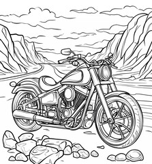 Coloring page for kids, motorcycle in the style of a matte black and white cartoon-style vector,