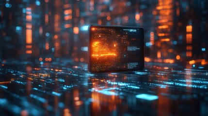 Futuristic tablet showing growing graph in digital environment