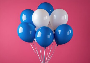 Colorful Blue and White Balloons Against a Bright Pink Background for Celebrations, Parties, and Festive Events in a Vivid and Playful Arrangement