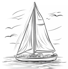 Coloring page for kids, sailboat with white background, cartoon style