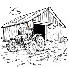 Coloring page for kids, tractor in front of a barn, in a cartoon style with thick lines. Crisp black outline, white background