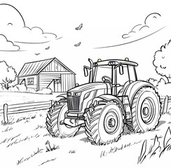 Coloring page for kids, tractor in front of a barn, in a cartoon style with thick lines. Crisp black outline, white background