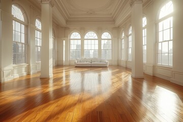 Obraz premium Habitación con ventanales grandes con luz natural. Vistas a la ciudad. Suelo de parquet, columnas blancas y techo decorativo. 