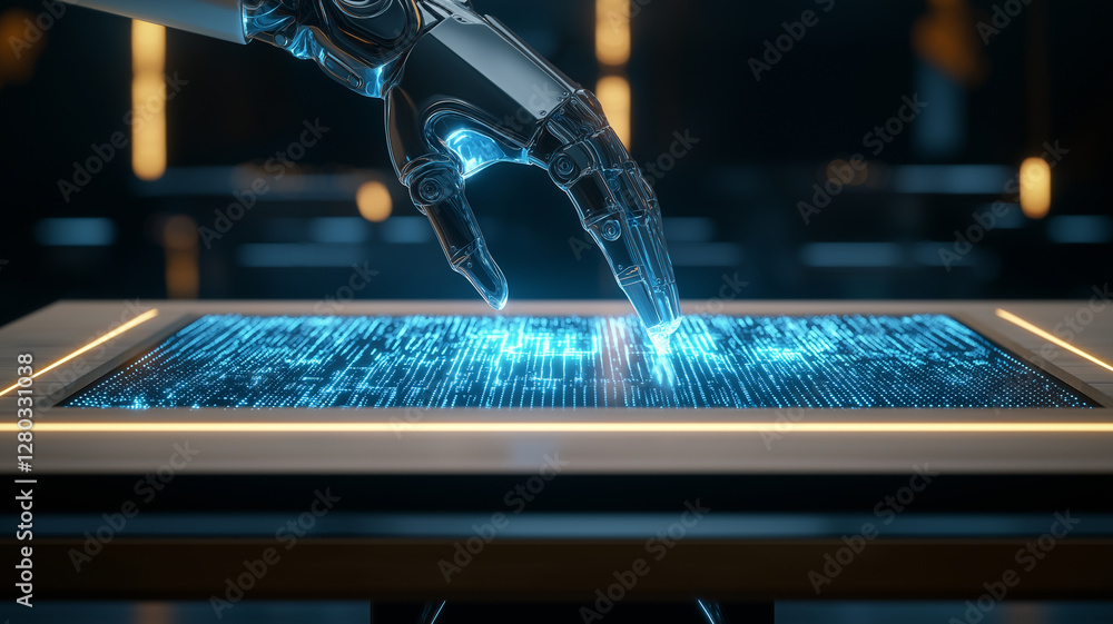 Aufkleber robotic hand interacts with glowing digital interface, showcasing advanced technology
