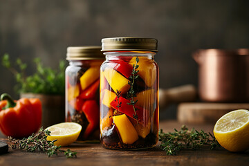Colorful pickled bell peppers in jars with herbs and lemons on rustic table