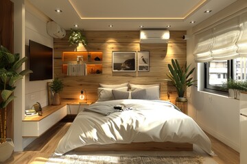 Habitaci&oacute;n de matrimonio con pared de madera y decorada con cuadros. Ropa de cama de algod&oacute;n y muchos cojines. Televisi&oacute;n colgada en la pared.