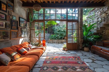 Entrada a la masía con un sofá naranja grande y cómodo. Puerta de entrada de cristal. Suelo de piedra y un alfombra decorativa. 