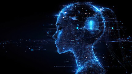 Abstract digital female profile, glowing particles and data streams.