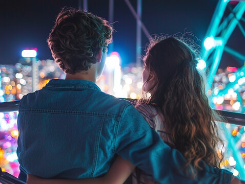 pair of teenagers sitting on Ferris wheel, holding each other, enjoying city lights - Powered by Adobe