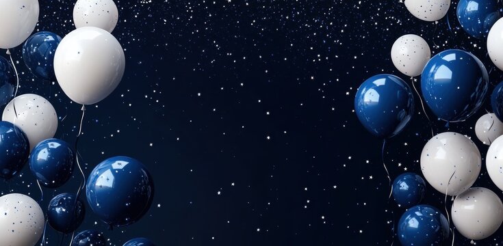 Colorful blue and white balloons floating in a festive atmosphere with falling snowflakes on a dark background for celebration and party events