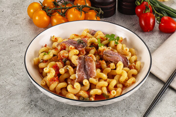 Italian pasta cellentani with anchovy