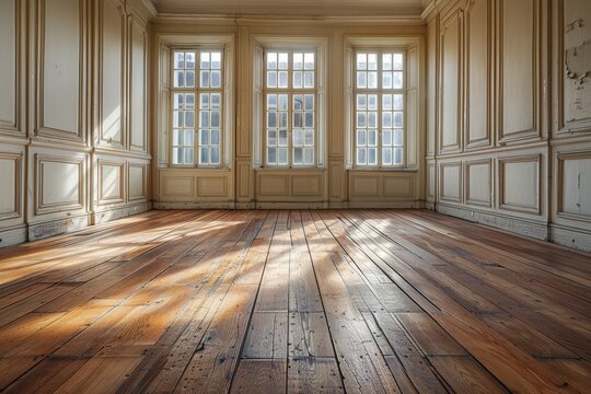 Habitaci&oacute;n con paredes decoradas al estilo franc&eacute;s con suelo de madera oscura. Espacio listo para ser amueblado.